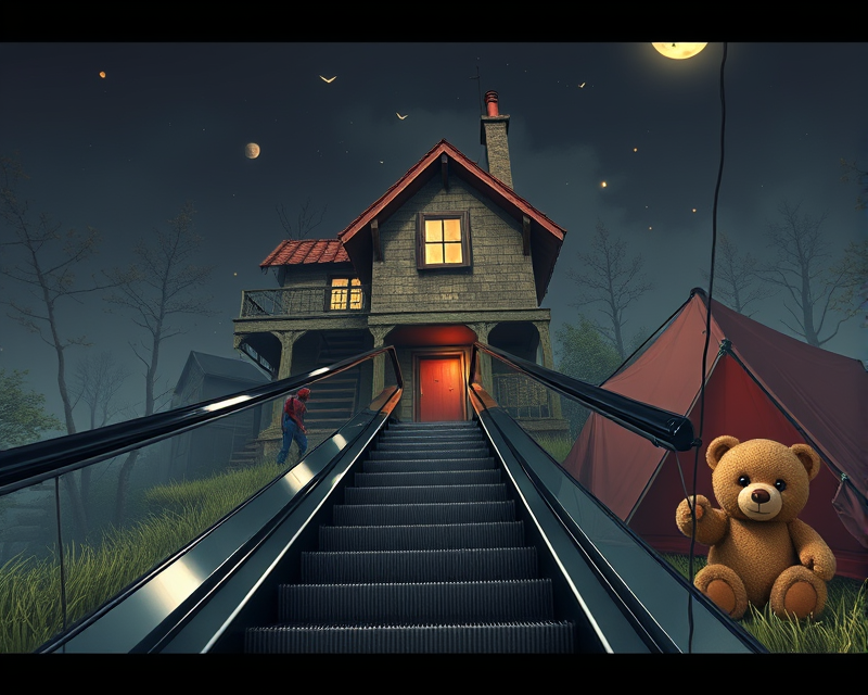 escalator, zombie, house, pig, tent, spiderman, kitten, rice, teddy bear